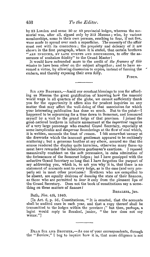 The Freemasons' Quarterly Review: 1840-12-31 - To The Editor.