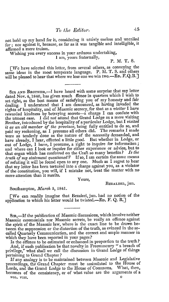 The Freemasons' Quarterly Review: 1841-03-31 - To The Editor.