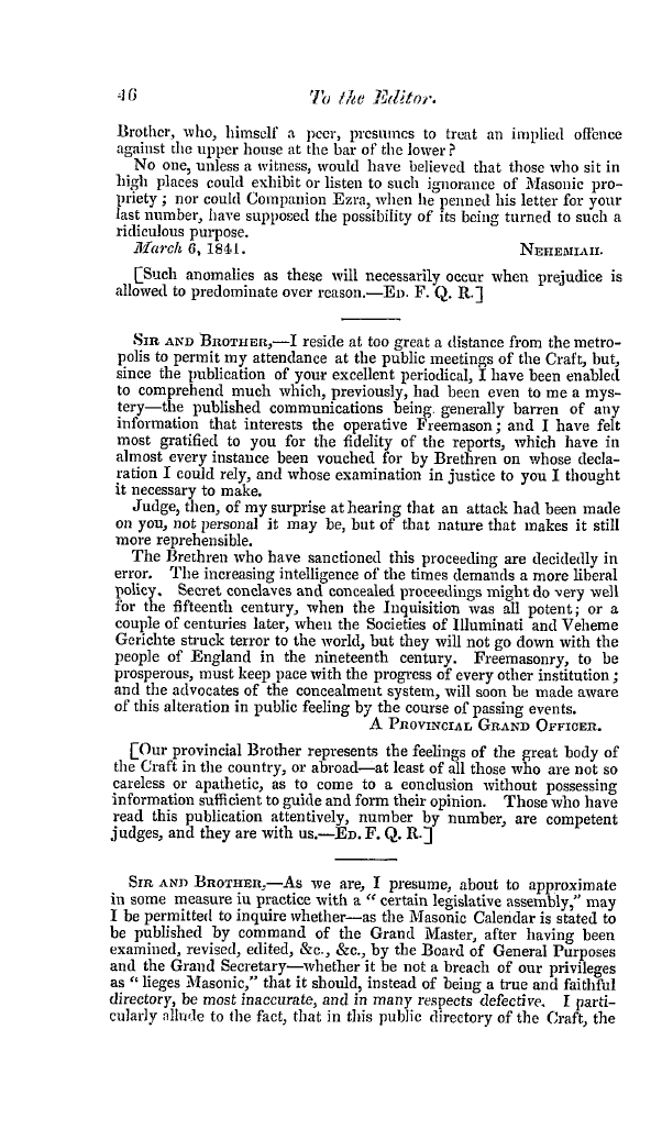 The Freemasons' Quarterly Review: 1841-03-31 - To The Editor.