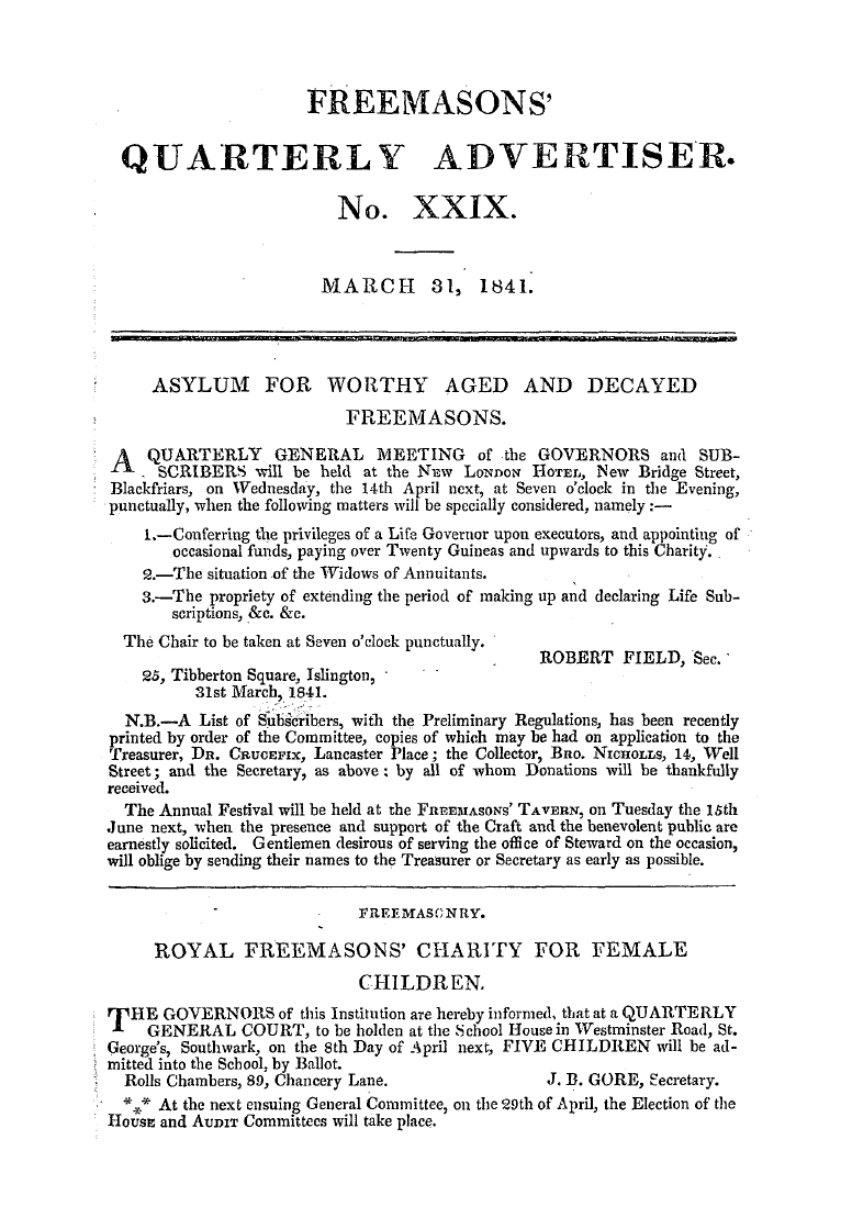 The Freemasons' Quarterly Review: 1841-03-31 - Freemasons' Quarterly Advertiser. No. Xx...