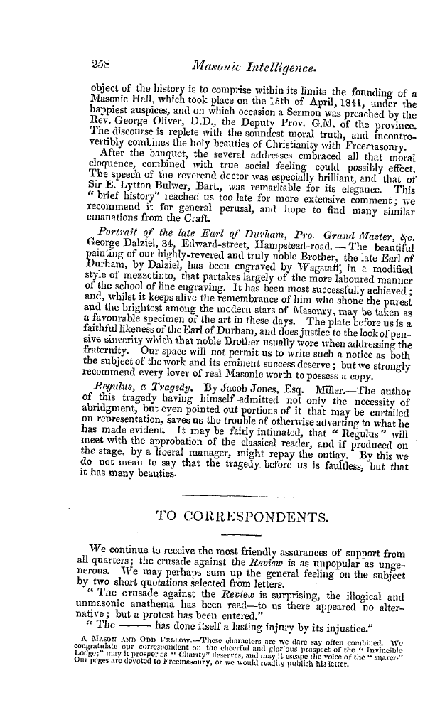 The Freemasons' Quarterly Review: 1841-06-30 - To Correspondents.