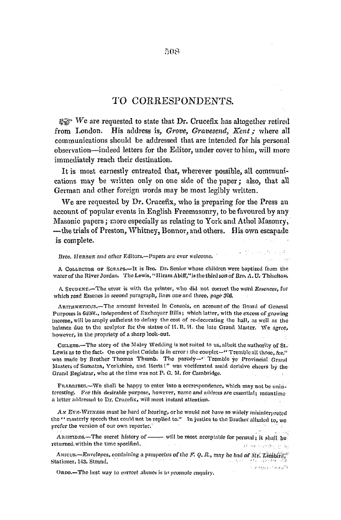 The Freemasons' Quarterly Review: 1845-12-31 - To Correspondents.