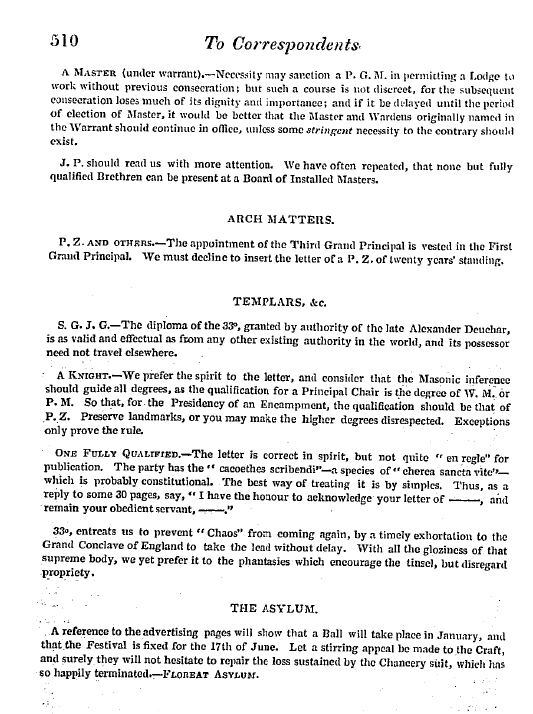 The Freemasons' Quarterly Review: 1845-12-31 - To Correspondents.