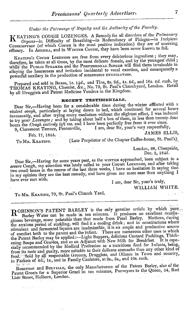 The Freemasons' Quarterly Review: 1845-12-31 - Robinson's Patent Barley Is The Only Gen...