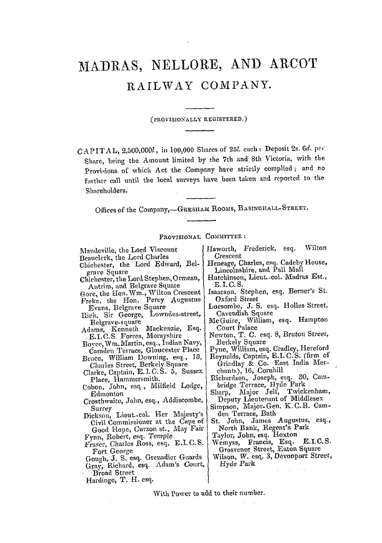 The Freemasons' Quarterly Review: 1845-12-31 - Madras, Nellore, And Argot Railway Company.