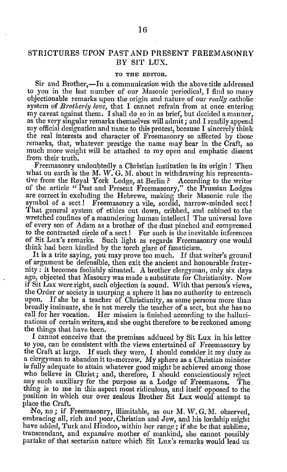 The Freemasons' Quarterly Review: 1846-03-31 - Strictures Upon Past And Present Freemasonry By Sit Lux.