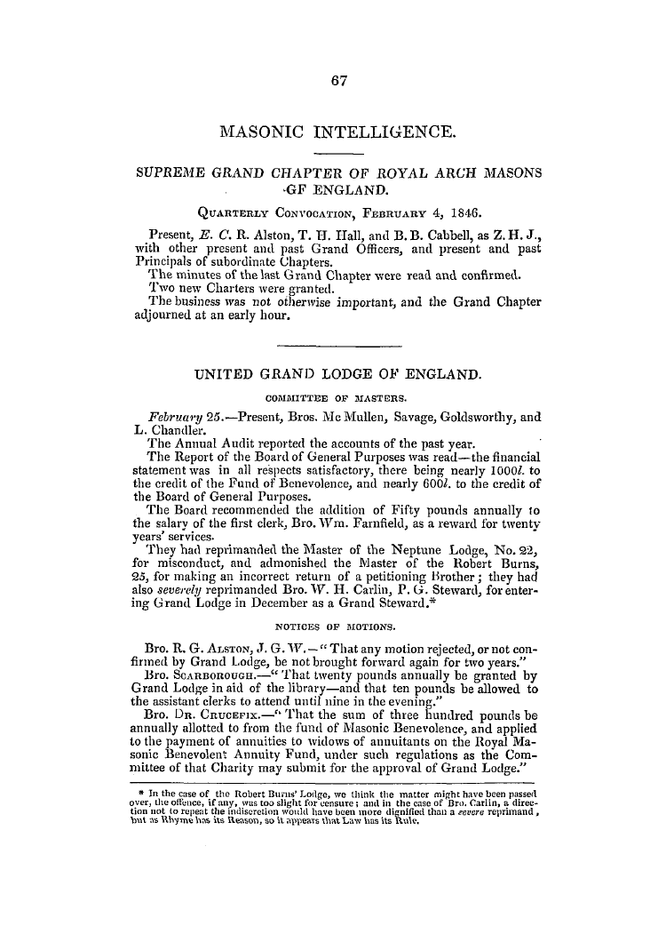 The Freemasons' Quarterly Review: 1846-03-31 - Masonic Intelligence.