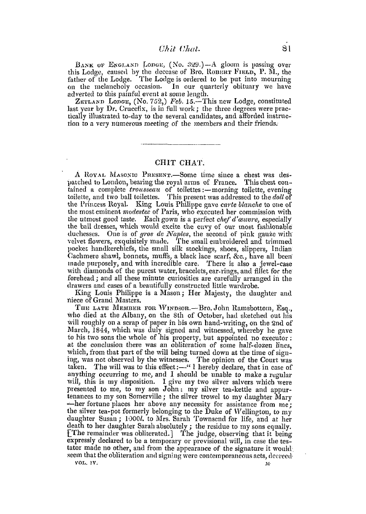 The Freemasons' Quarterly Review: 1846-03-31 - Chit Chat.