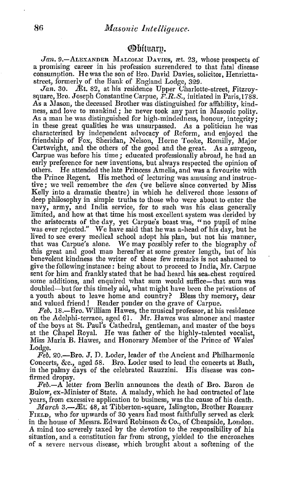 The Freemasons' Quarterly Review: 1846-03-31 - Obituary.