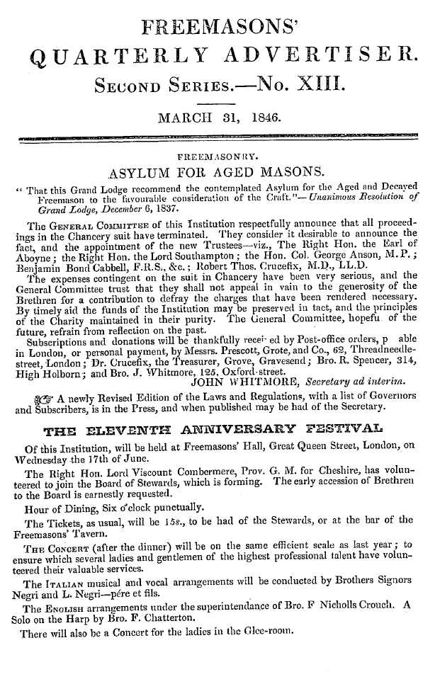 The Freemasons' Quarterly Review: 1846-03-31 - Freemasonry. Asylum For Aged Masons.