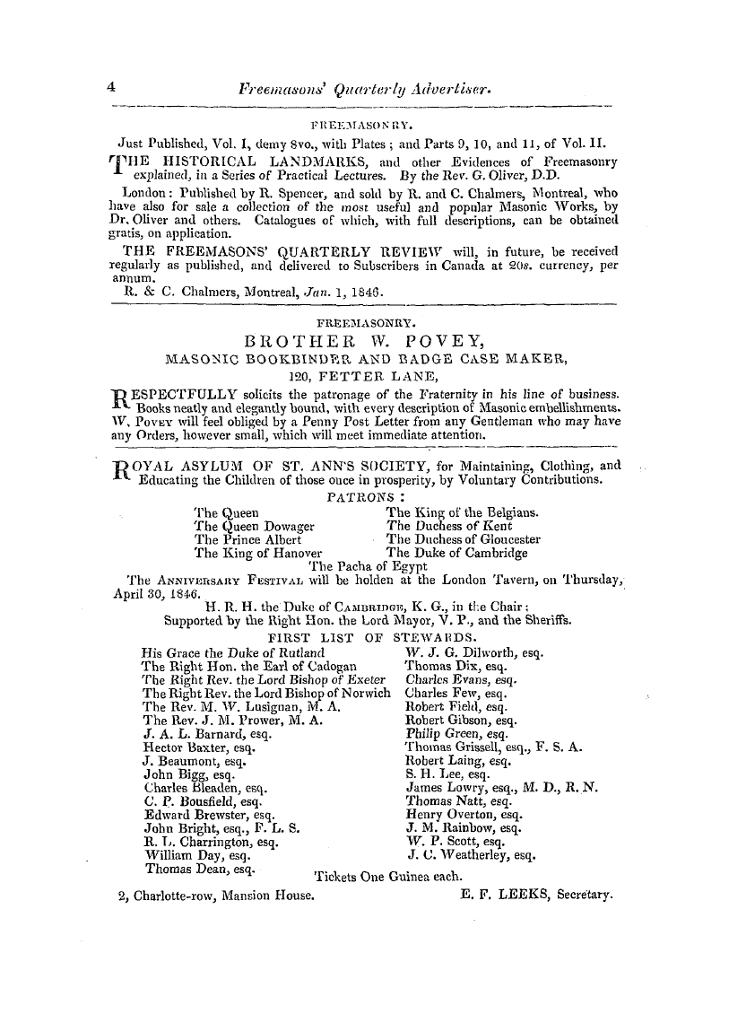 The Freemasons' Quarterly Review: 1846-03-31 - Freemasonry. Brother W. Povey, Masonic B...