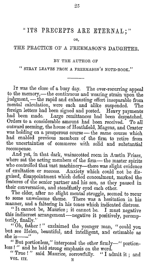 The Freemasons' Quarterly Review: 1852-03-31 - "Its Precepts Are Eternal;" Or , The Practice Of A Freemason's Daughter.