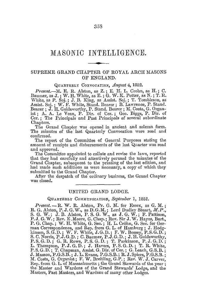 The Freemasons' Quarterly Review: 1852-09-30 - Masonic Intelligence.