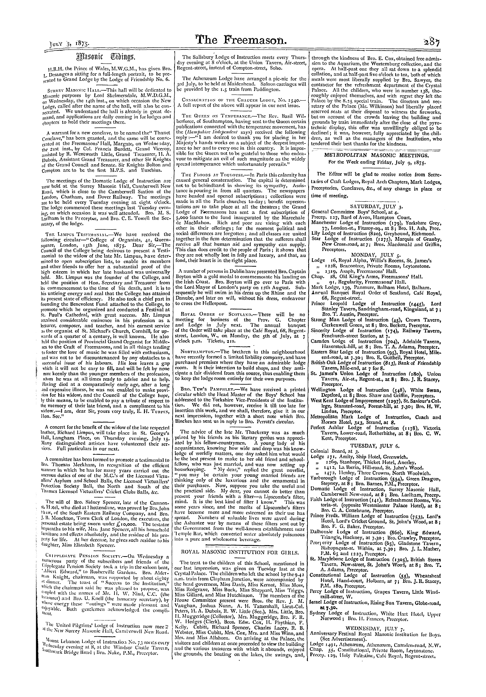 The Freemason: 1875-07-03 - Royal Masonic Institution For Girls.