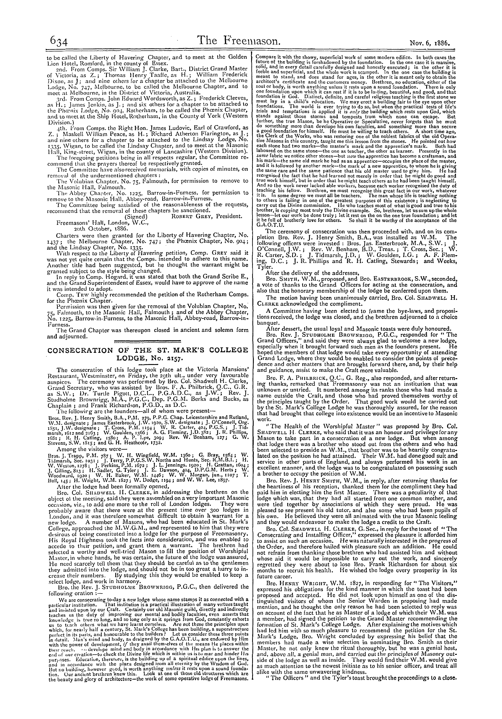 The Freemason: 1886-11-06 - Consecration Of The St. Mark's College Lodge, No. 2157.