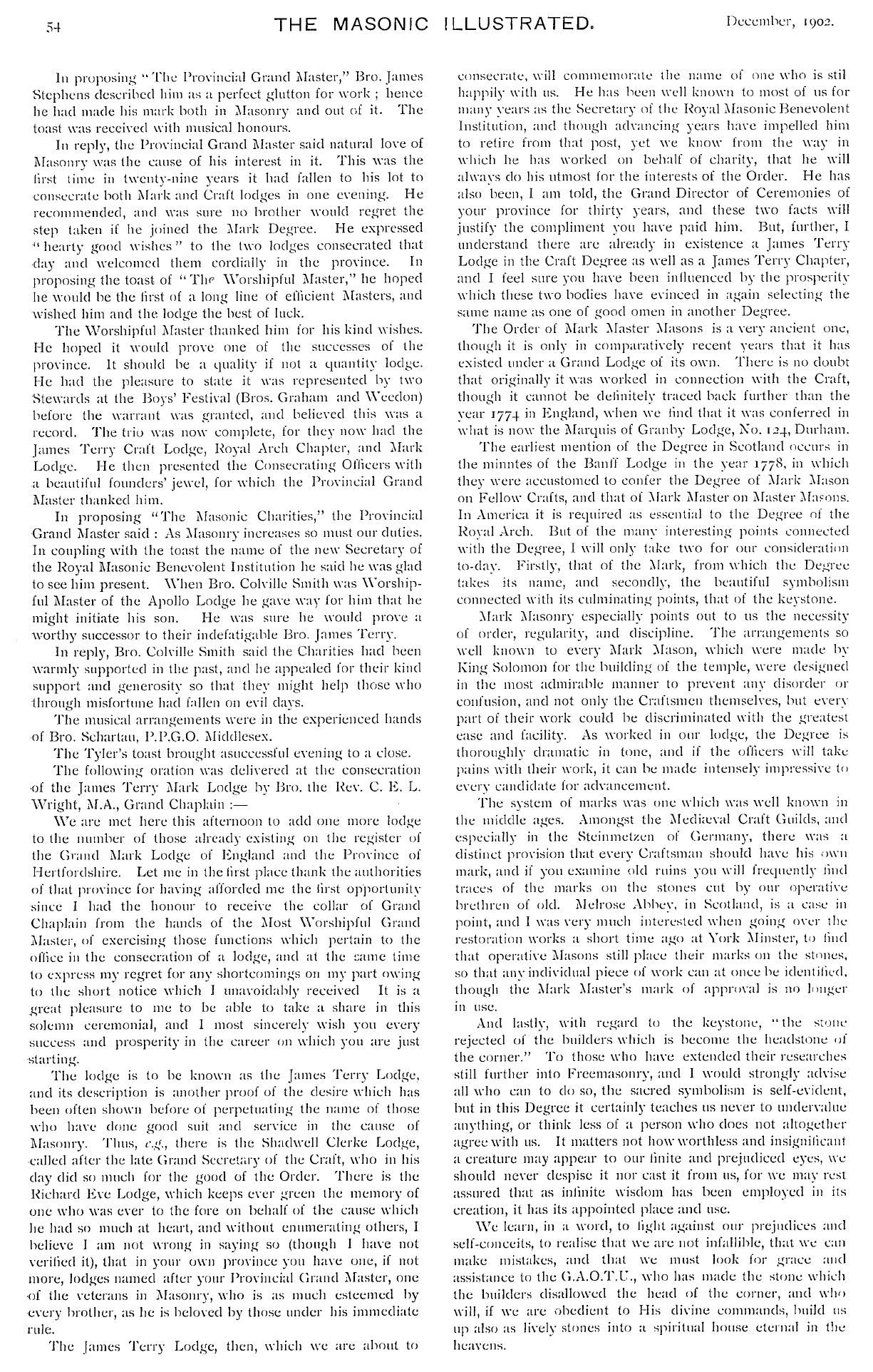 The Masonic Illustrated: 1902-12-01 - Consecration Of The Cheshunt Craft Lodge,No.2921, And The James Terry Mark Lodge,No.557.