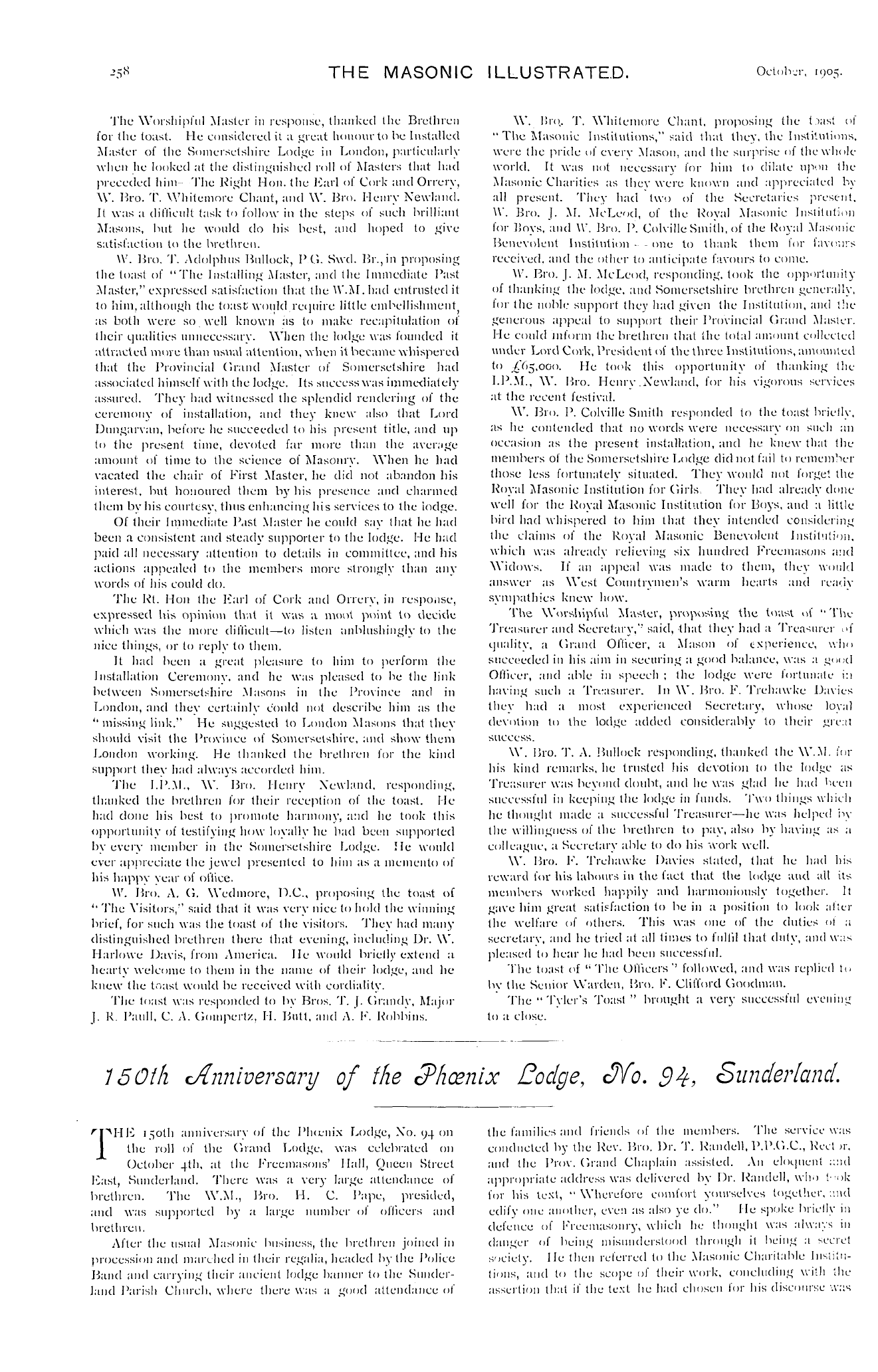 The Masonic Illustrated: 1905-10-01 - 150th Anniversary Of The Phœn Ix Lod Ge, No . 9 4, Sunderland.