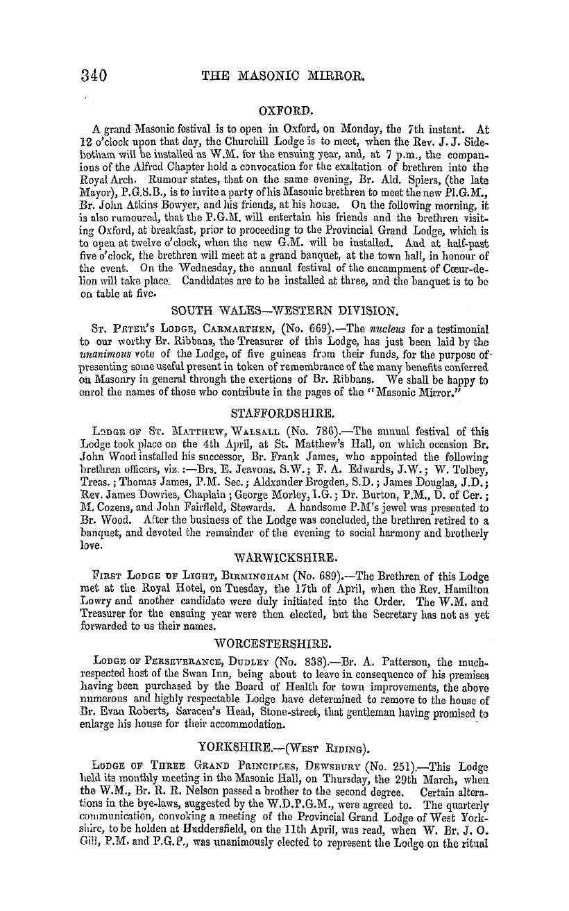 The Masonic Mirror: 1855-05-01 - Provincial Lodges.