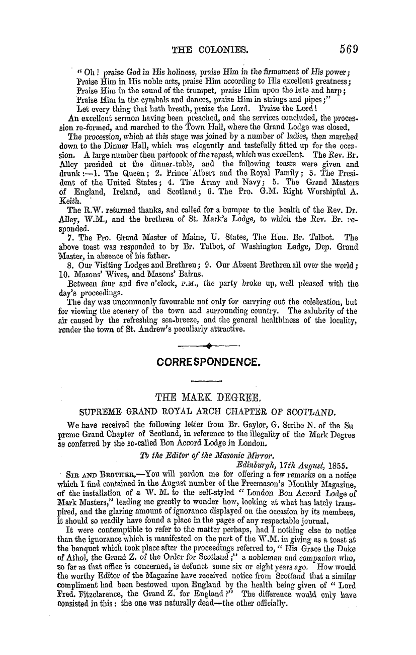 The Masonic Mirror: 1855-09-01 - The Colonies.