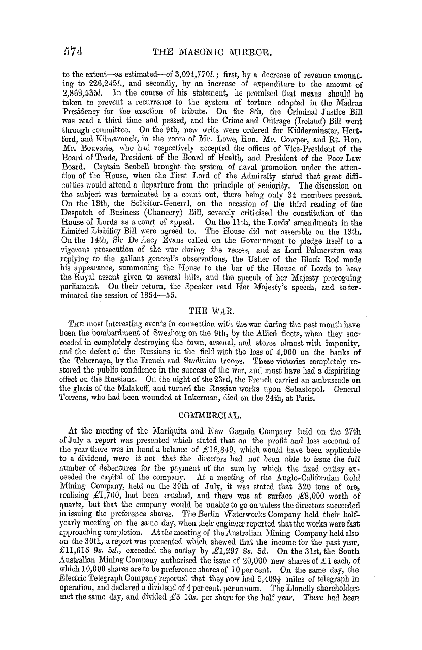 The Masonic Mirror: 1855-09-01 - Summary Of News For August.