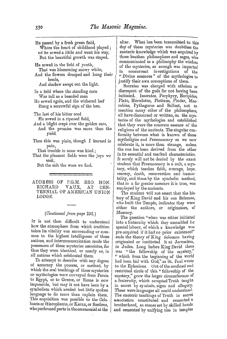 The Masonic Magazine: 1876-12-01 - Address Of P.G.M. Bro. Hon. Richard Vaux, At Centennial Of American Union Lodge.