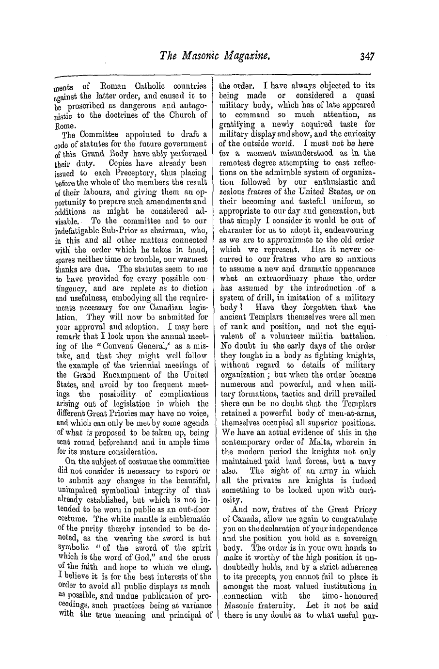 The Masonic Magazine: 1876-12-01 - Address Of The V. H. And E. Sir Kt. Col. W. J. B. Macleod Moore, Of The Grand Cross Of The Temple, Grand Prior Of The Dominion Of Canada,