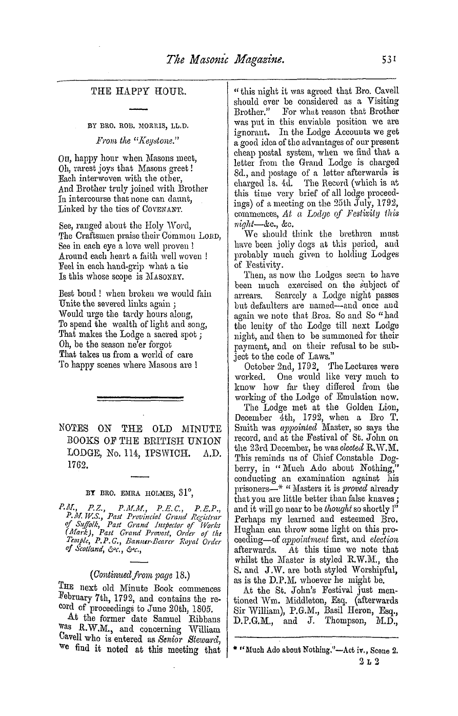 The Masonic Magazine: 1877-04-01 - Notes On The Old Minute Books Of The British Union Lodge, No. 114, Ipswich. A.D. 1762.