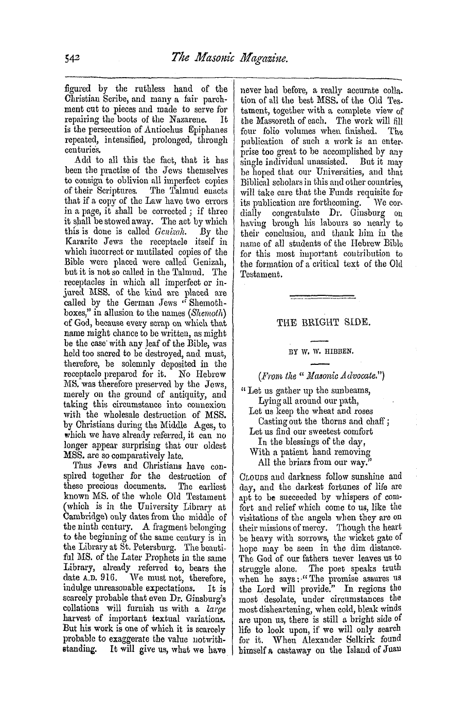 The Masonic Magazine: 1877-04-01 - The Bright Side.