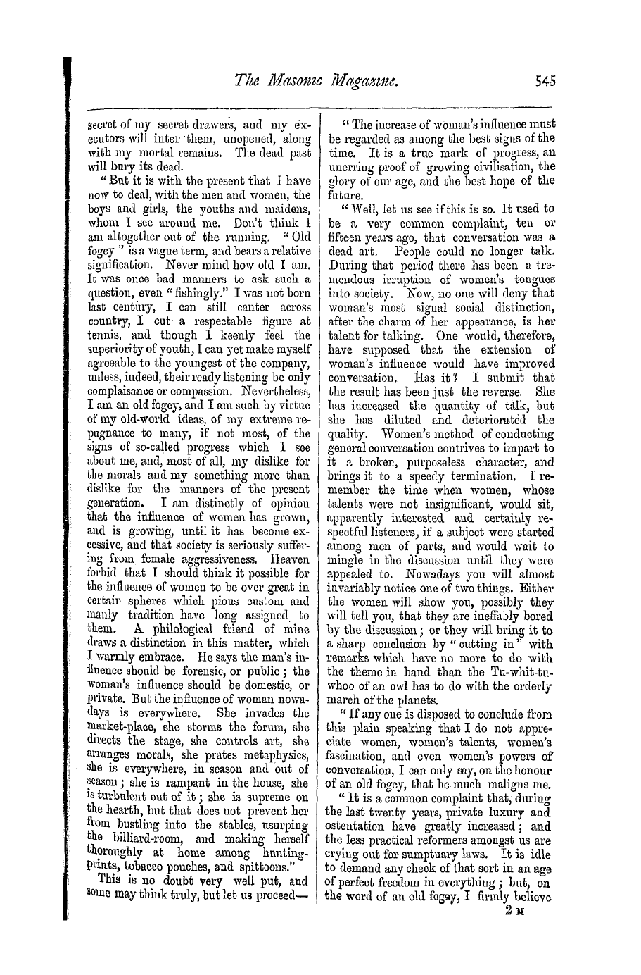 The Masonic Magazine: 1877-04-01 - On The Excessive Influence Of Womem.