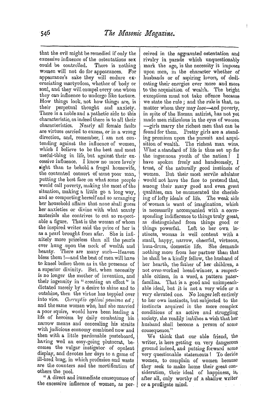 The Masonic Magazine: 1877-04-01 - On The Excessive Influence Of Womem.