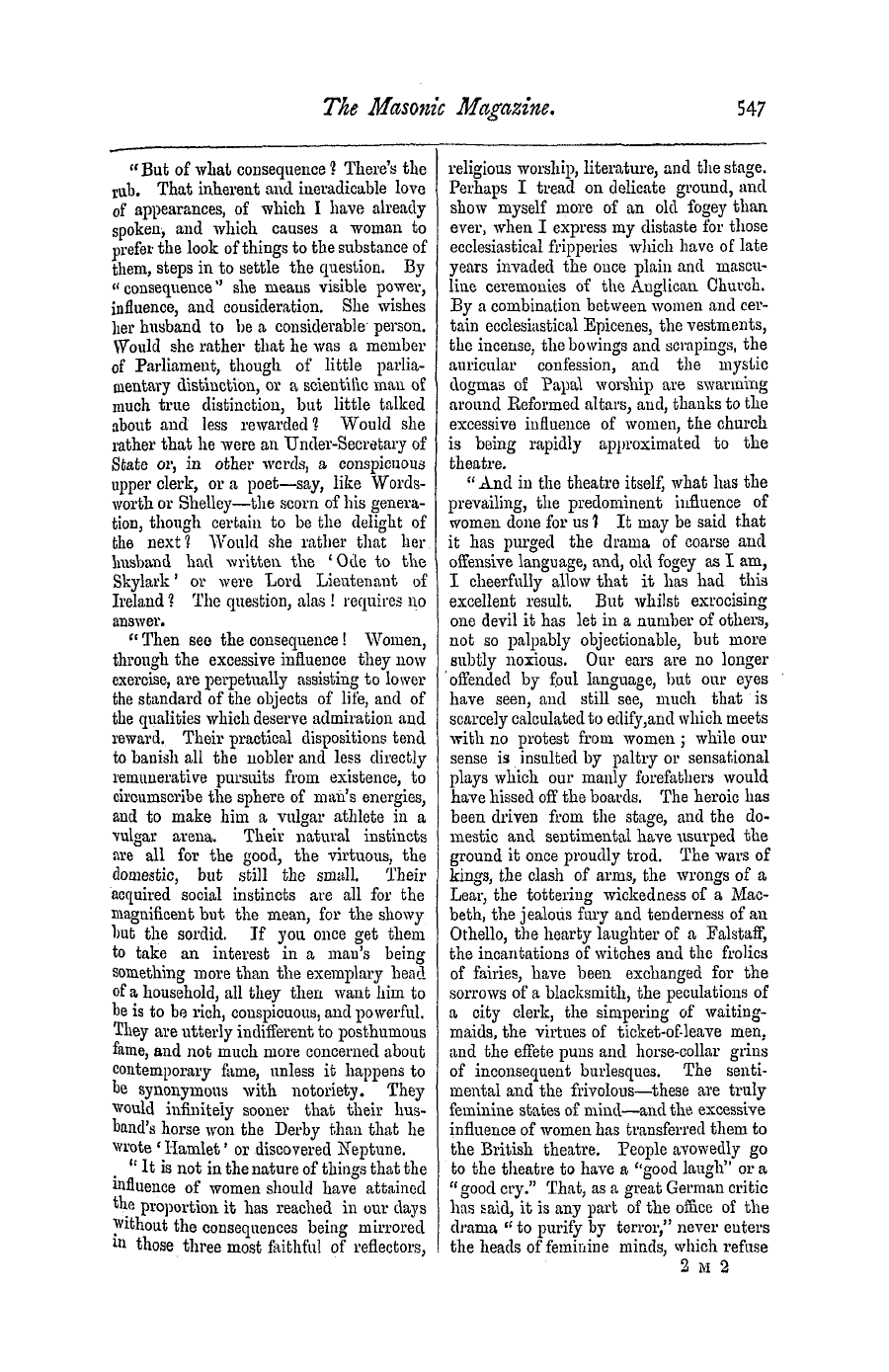 The Masonic Magazine: 1877-04-01 - On The Excessive Influence Of Womem.