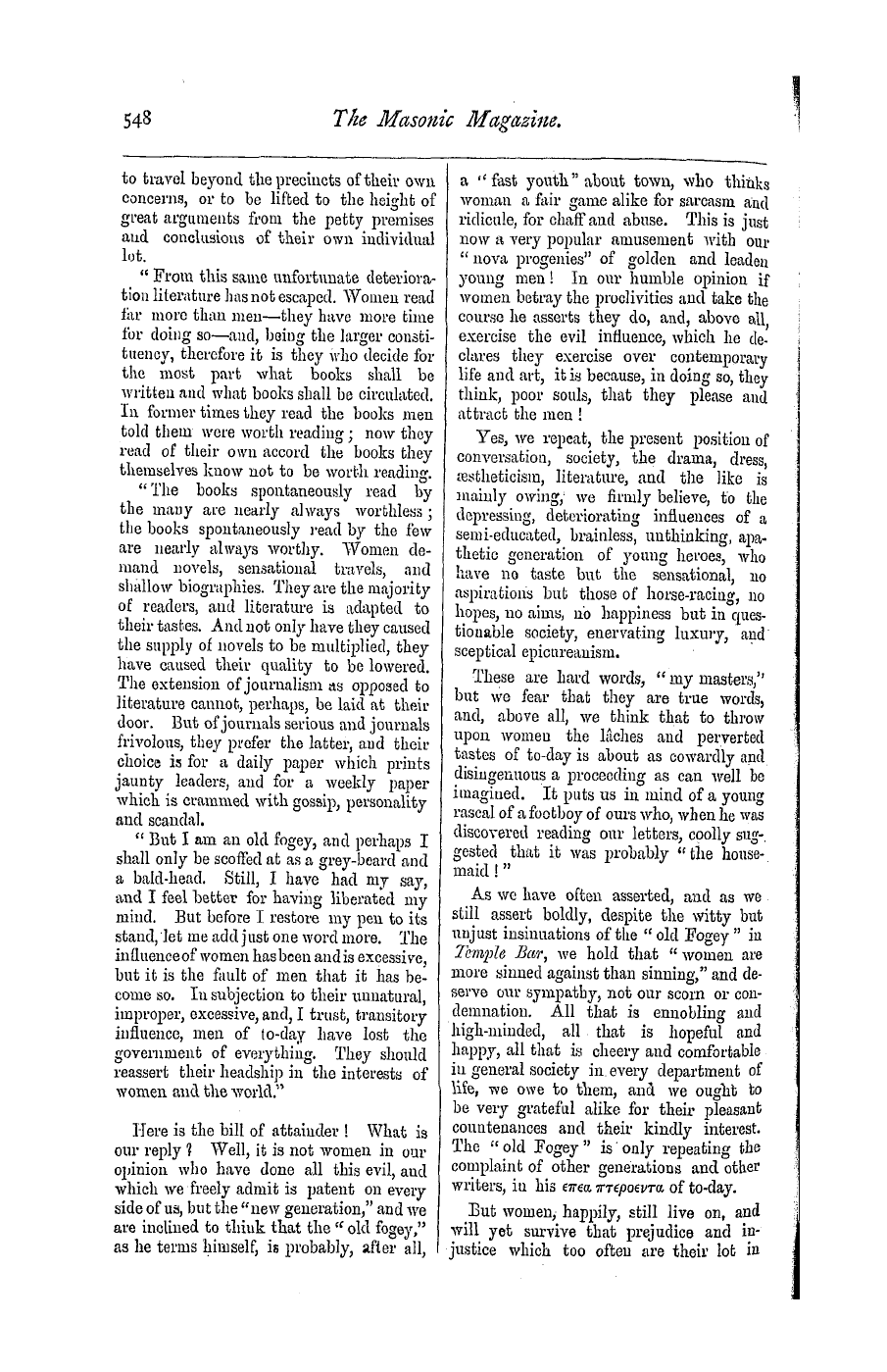 The Masonic Magazine: 1877-04-01 - On The Excessive Influence Of Womem.