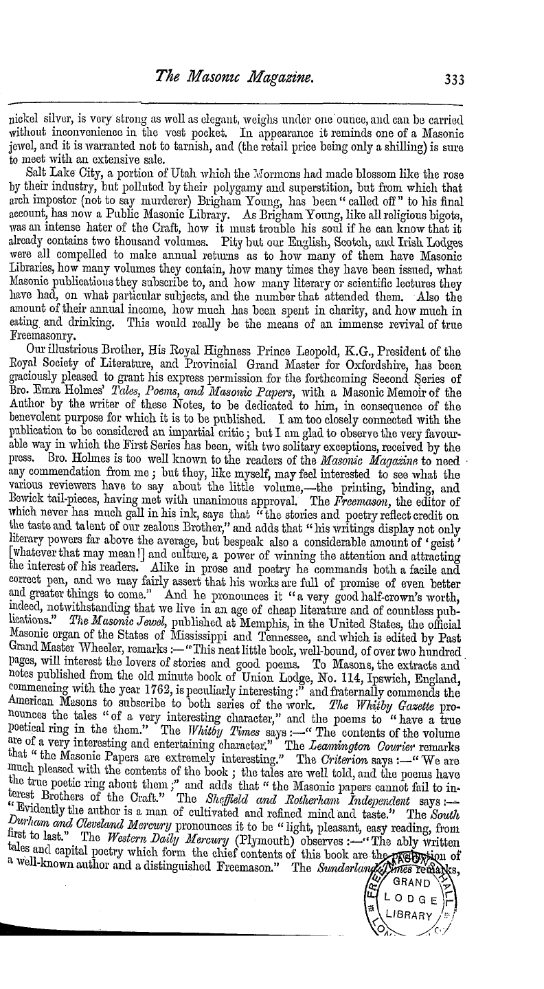 The Masonic Magazine: 1877-12-01 - Notes On Literature, Science And Art.