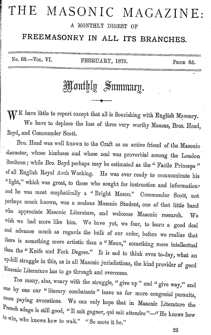 The Masonic Magazine: 1879-02-01 - Monthly Summary.