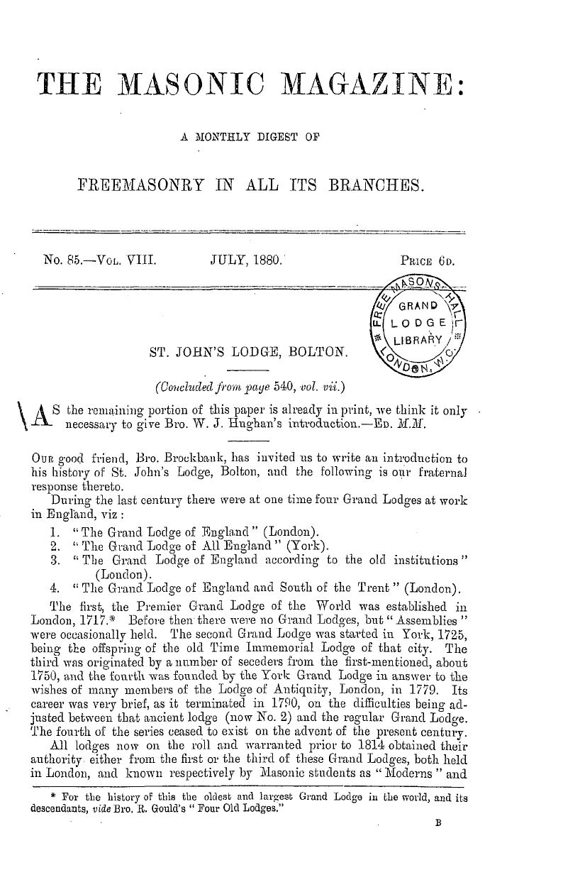 The Masonic Magazine: 1880-07-01 - St. John's Lodge, Bolton.