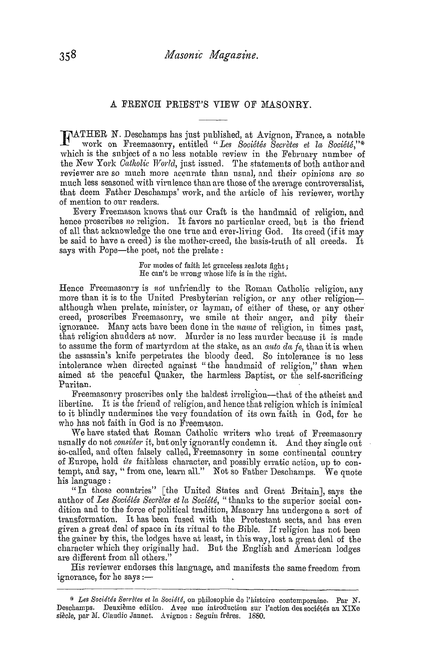 The Masonic Magazine: 1881-03-01 - A French Priest's View Of Masonry.