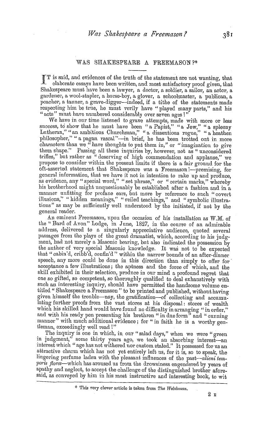 The Masonic Magazine: 1881-03-01 - Was Shakespeare A Freemason?*