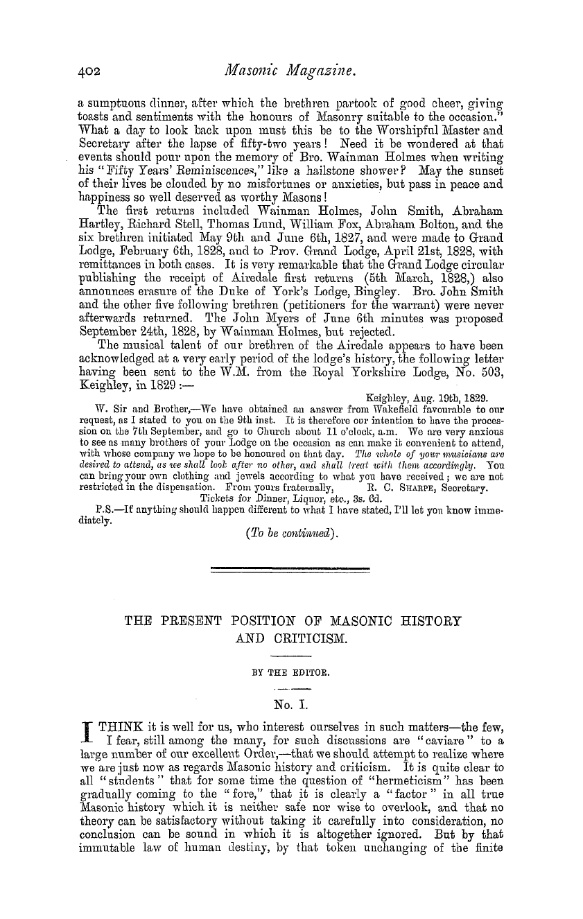 The Masonic Magazine: 1881-04-01 - The Present Position Of Masonic History And Criticism.