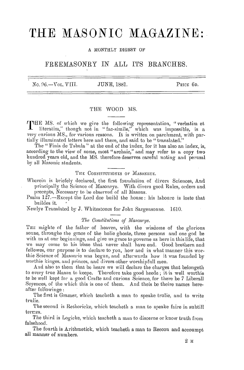 The Masonic Magazine: 1881-06-01 - The Wood Ms.