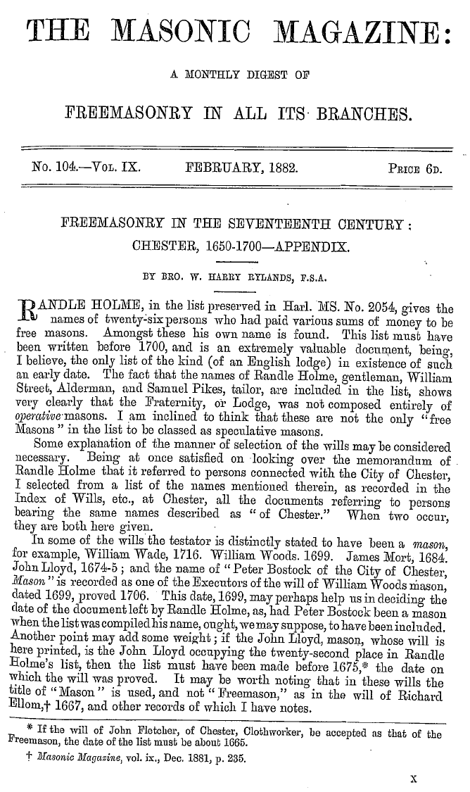 The Masonic Magazine: 1882-02-01 - Freemasonry In The Seventeenth Century ; Chester, 1650-1700—Appendix.