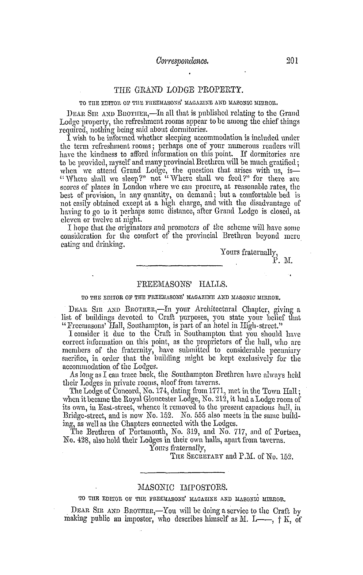 The Freemasons' Monthly Magazine: 1859-02-02 - Masonic Impostors.