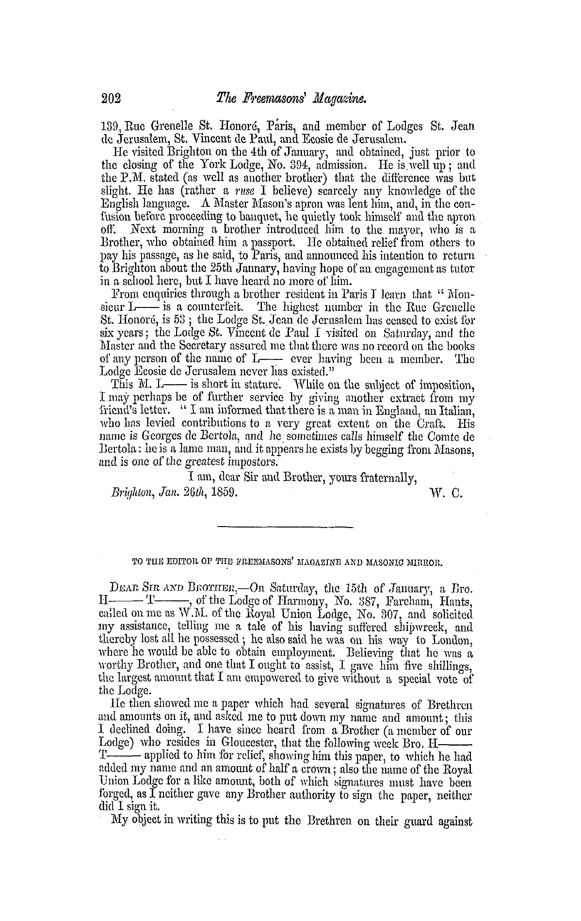 The Freemasons' Monthly Magazine: 1859-02-02 - Masonic Impostors.