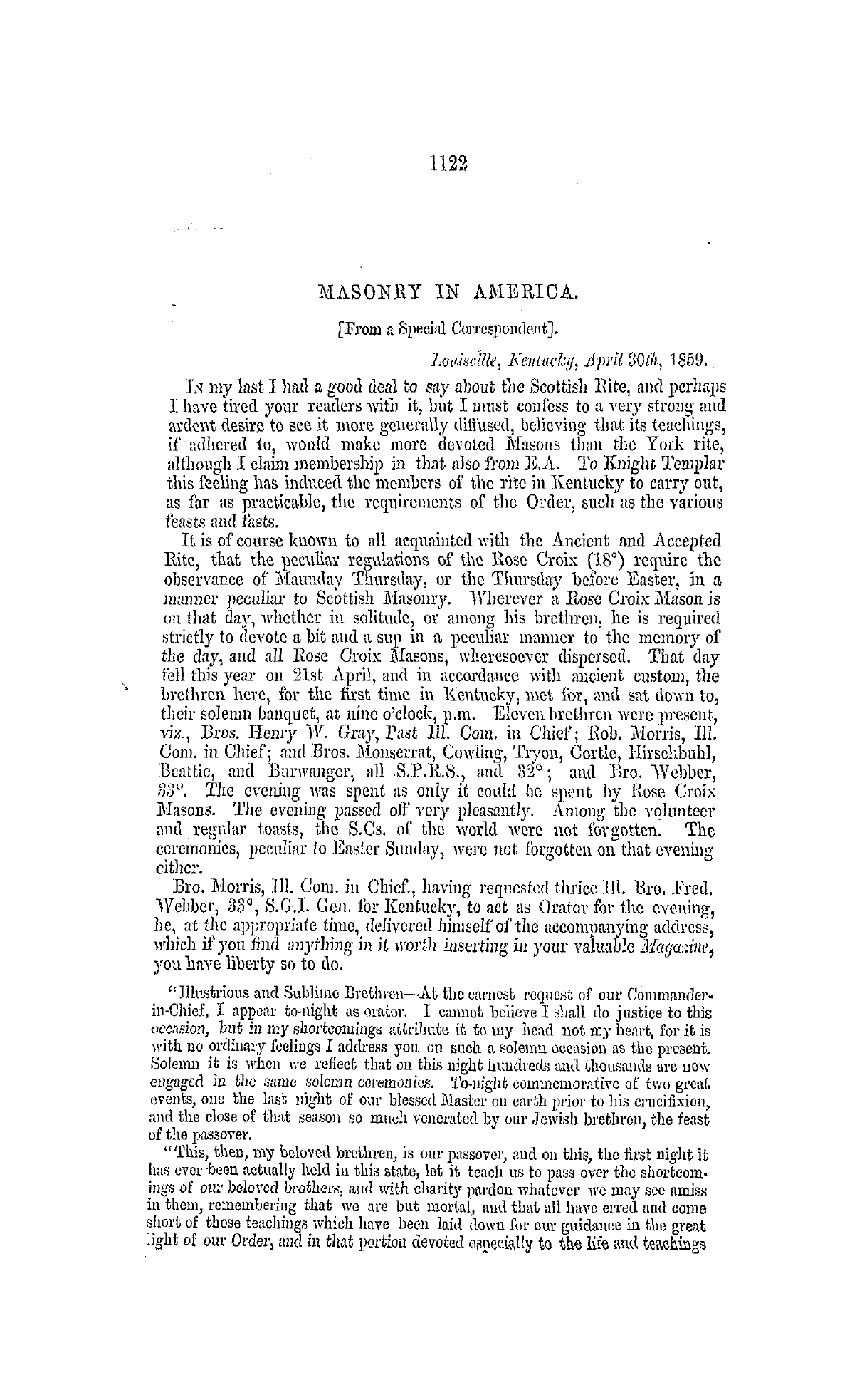 The Freemasons' Monthly Magazine: 1859-06-15 - Masonry In America.