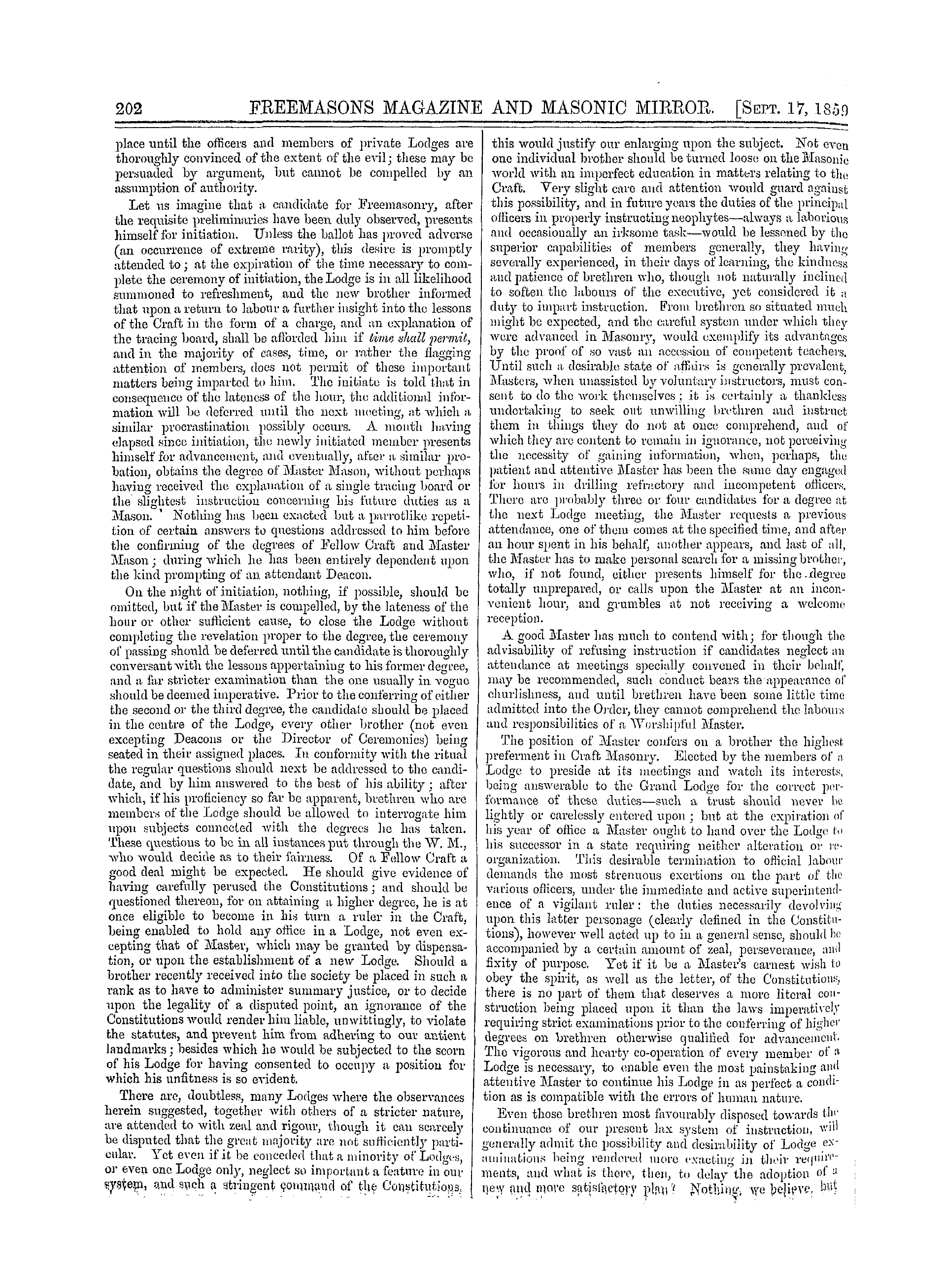 The Freemasons' Monthly Magazine: 1859-09-17 - Examination Of Candidates.