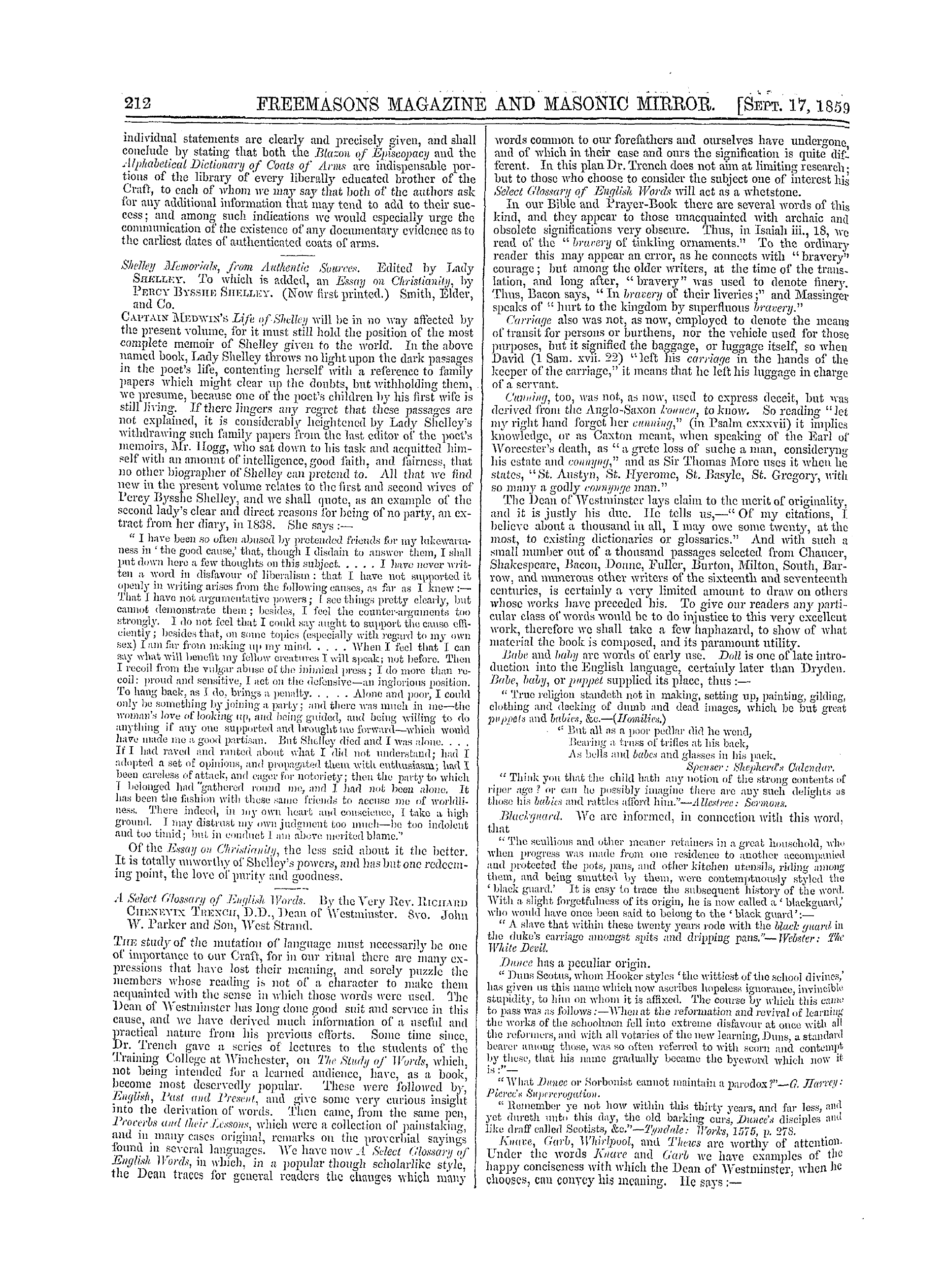 The Freemasons' Monthly Magazine: 1859-09-17 - Literature.