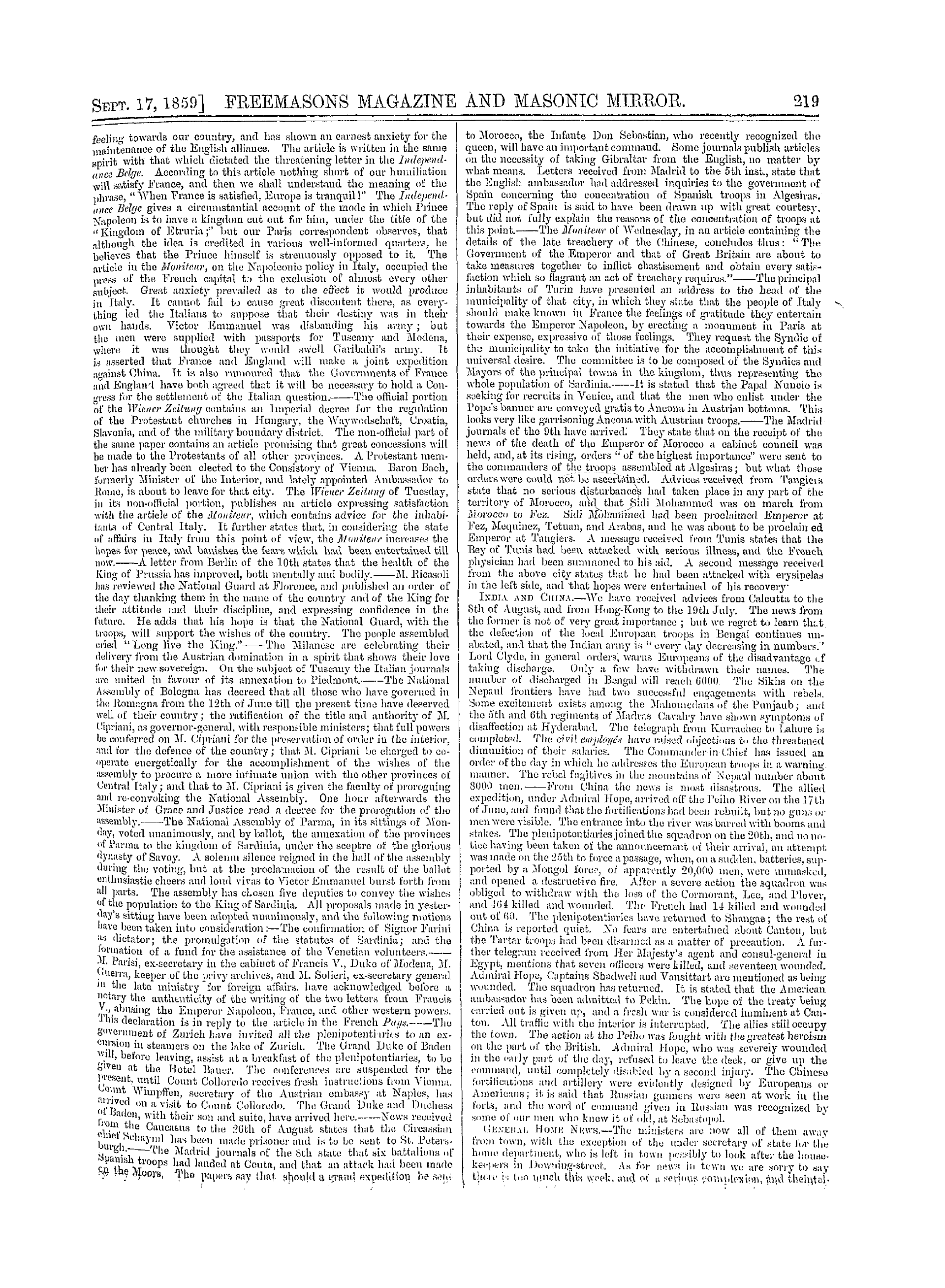 The Freemasons' Monthly Magazine: 1859-09-17 - The Week.