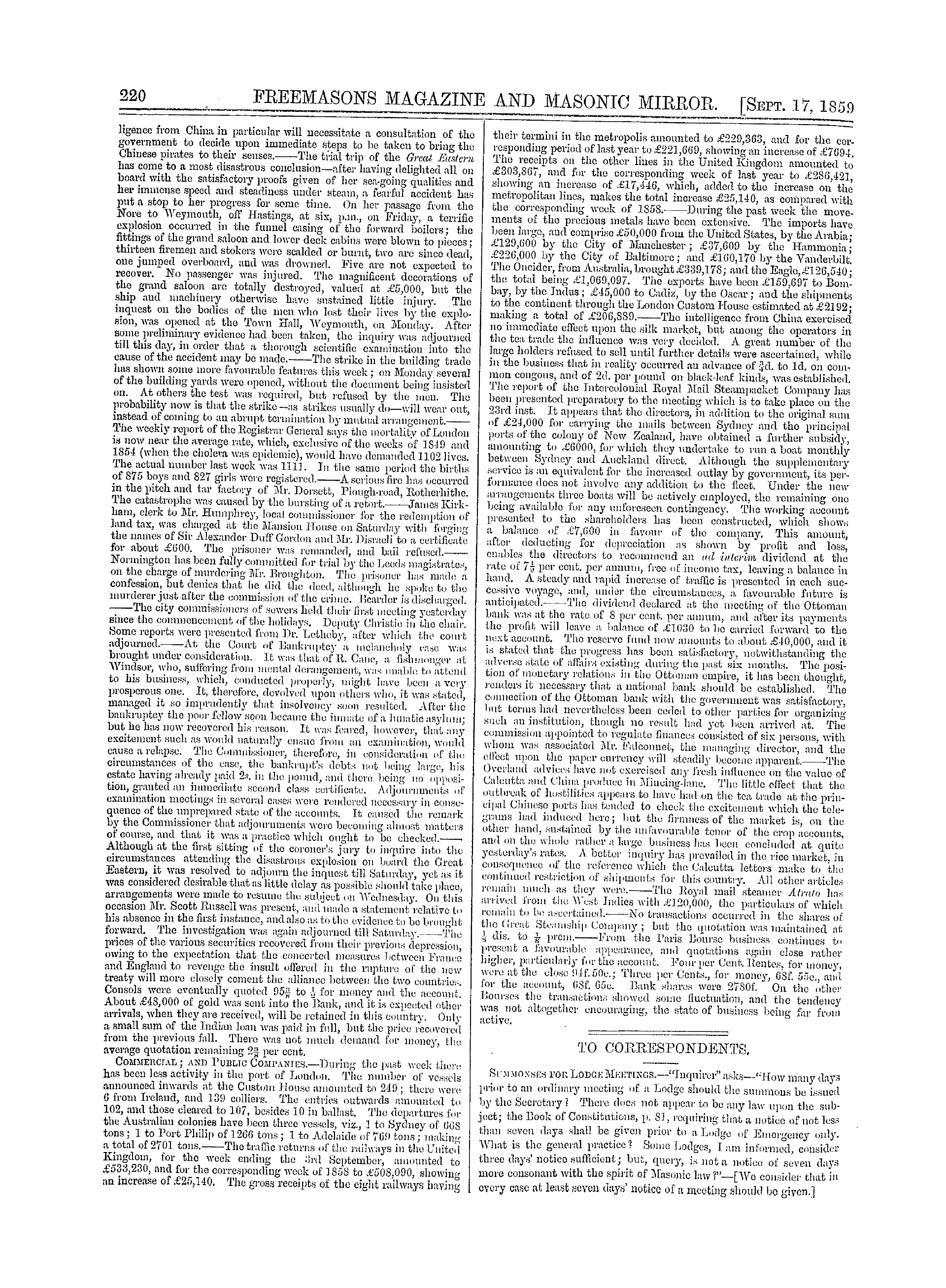 The Freemasons' Monthly Magazine: 1859-09-17 - The Week.