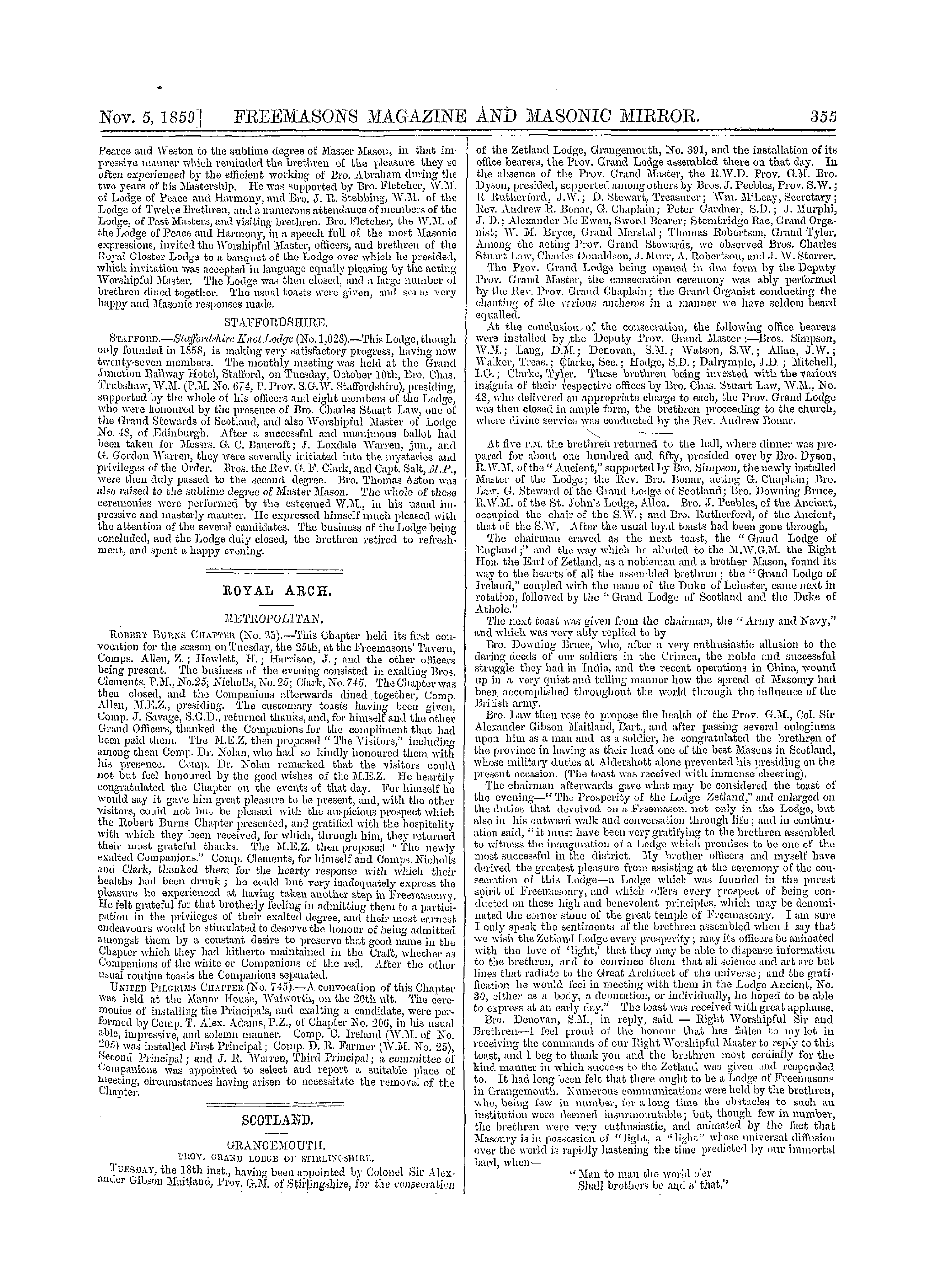 The Freemasons' Monthly Magazine: 1859-11-05 - The Masonic Mirror.