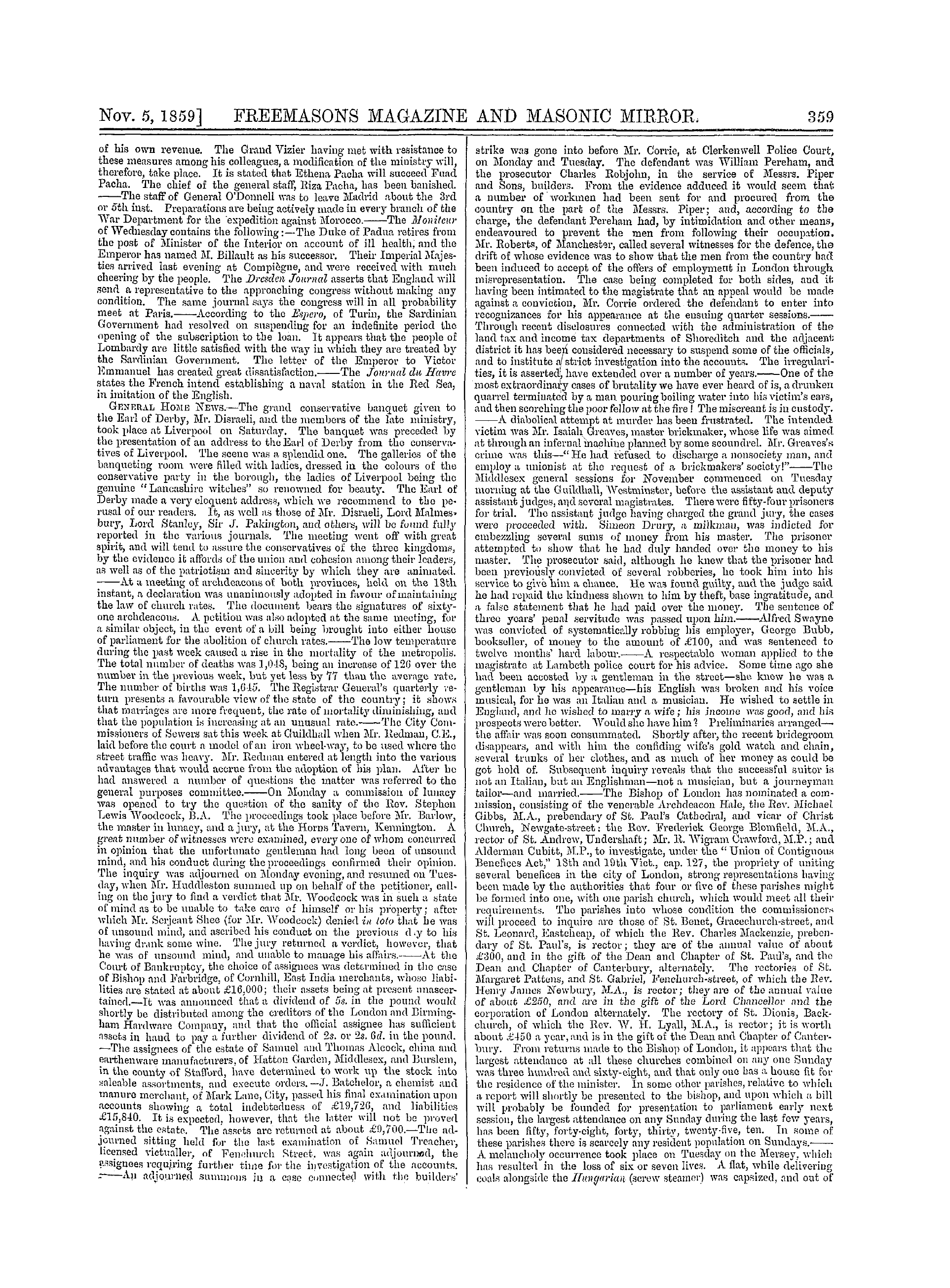 The Freemasons' Monthly Magazine: 1859-11-05 - The Week.