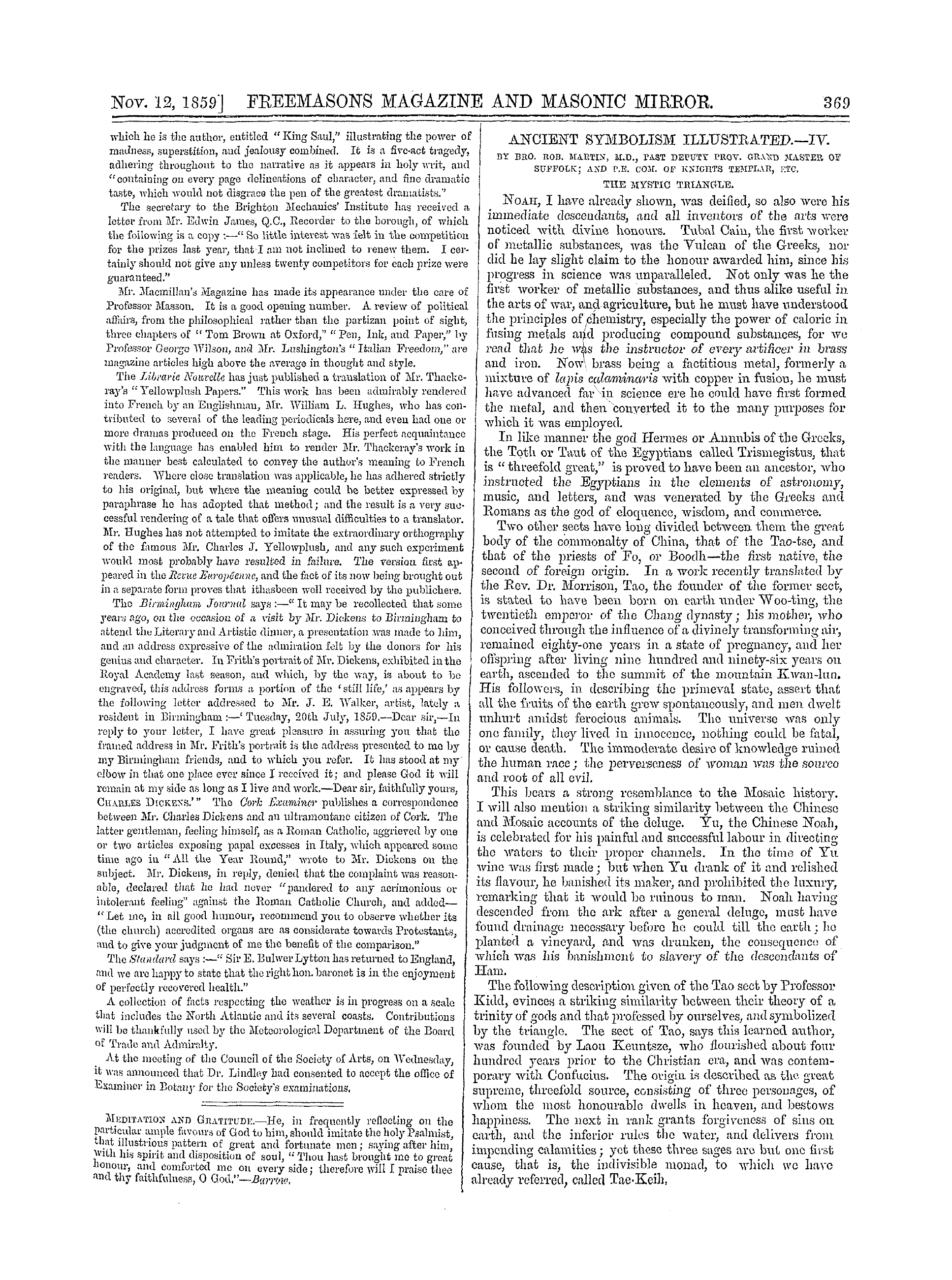 The Freemasons' Monthly Magazine: 1859-11-12 - Literature.